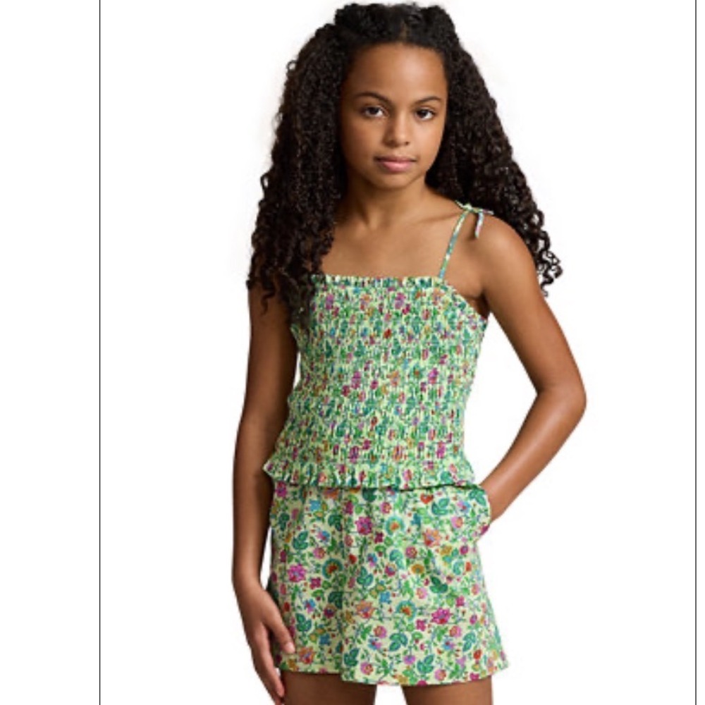 Polo Ralph Lauren Girls Green Floral Smocked Romper Tie Strap Size 6